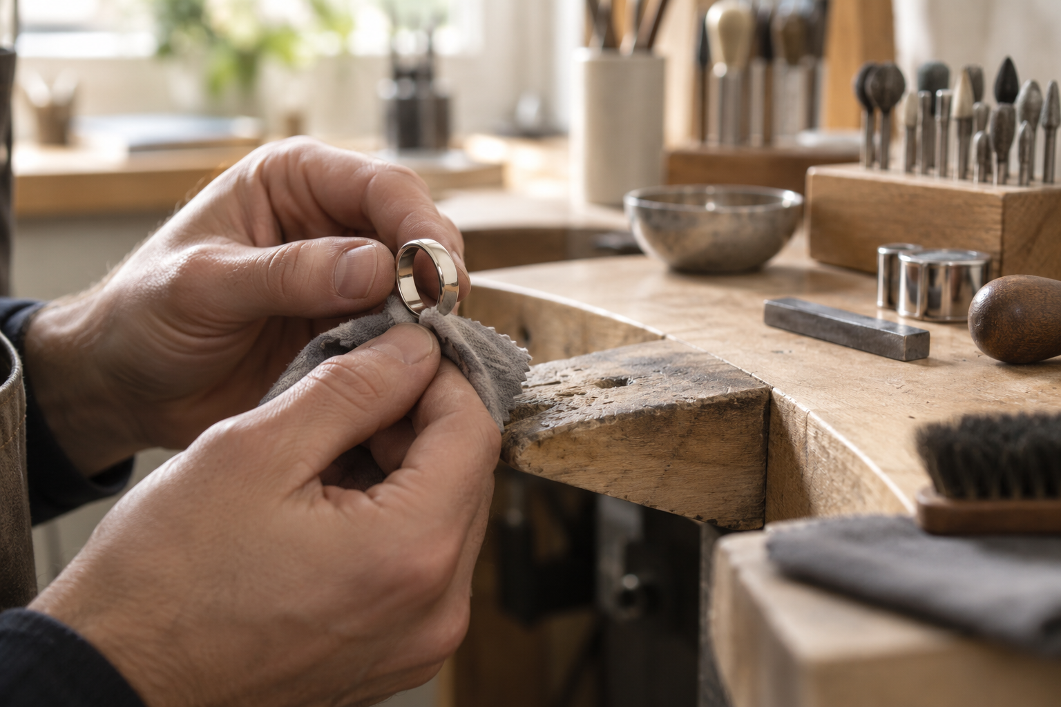 A jewellery craftsperson hand-finishing a platinum wedding band in a British workshop