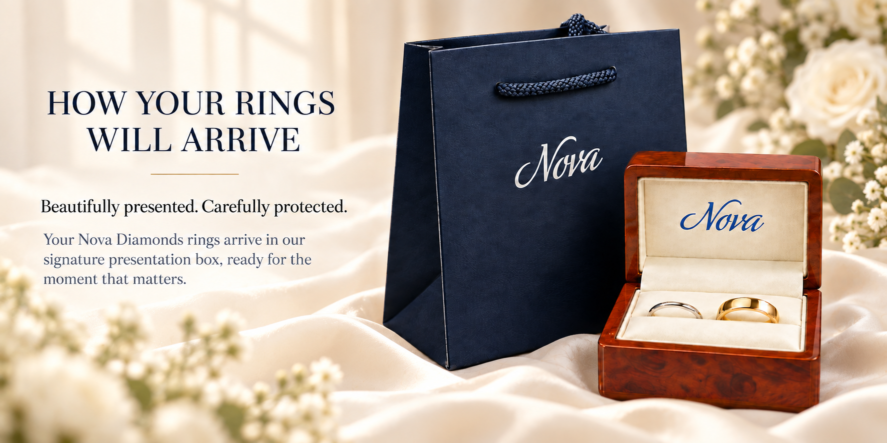 How your rings will arrive: Nova Diamonds presentation bag and luxury ring box holding a slim platinum band and a 6mm yellow-gold wedding band