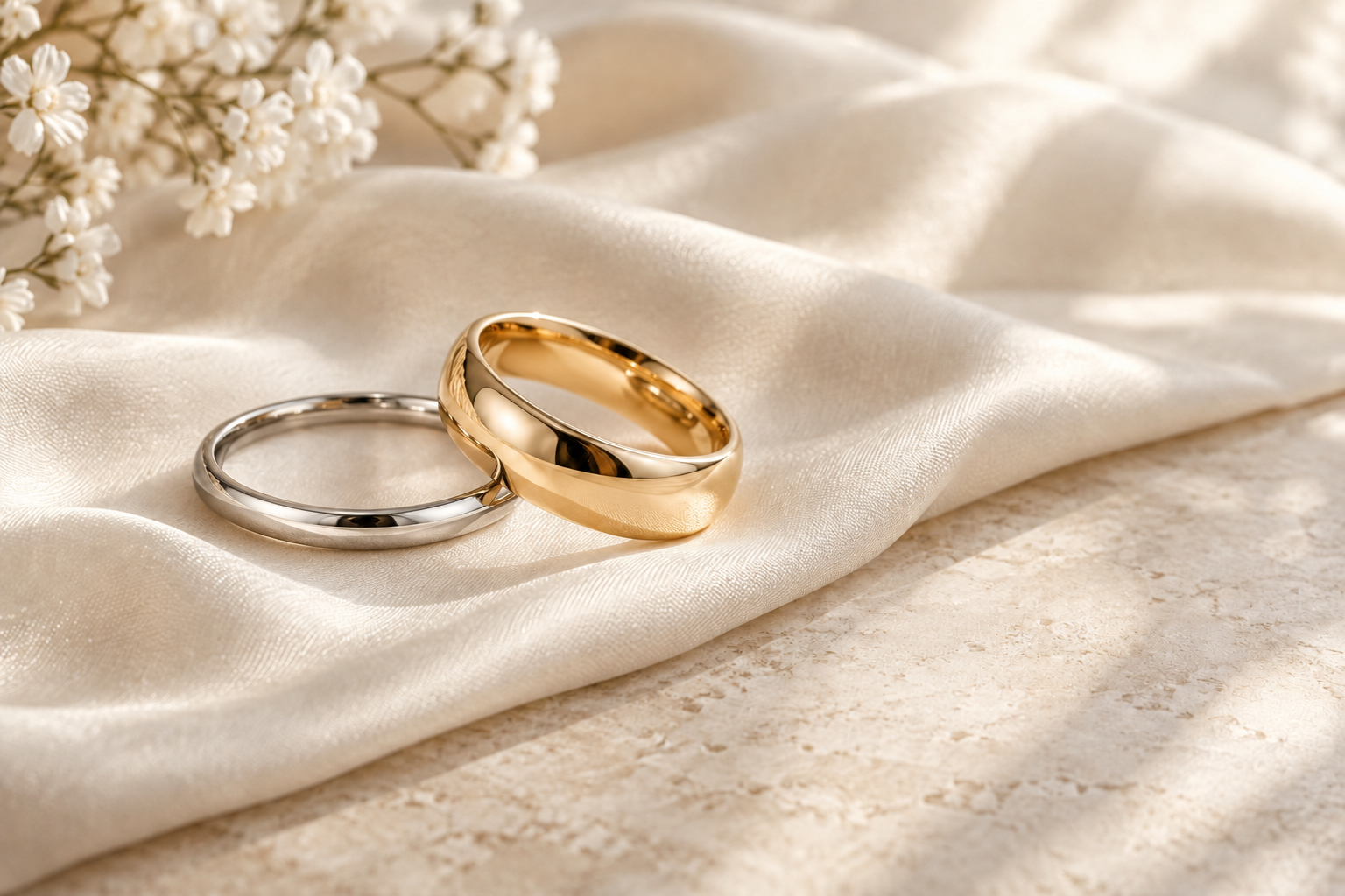 A slim platinum wedding band and a broad yellow gold wedding band on ivory silk